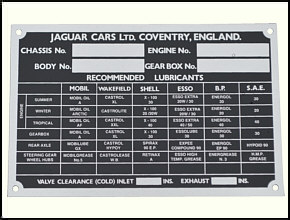 Typenschild JAGUAR Mk.II, XK150 etc